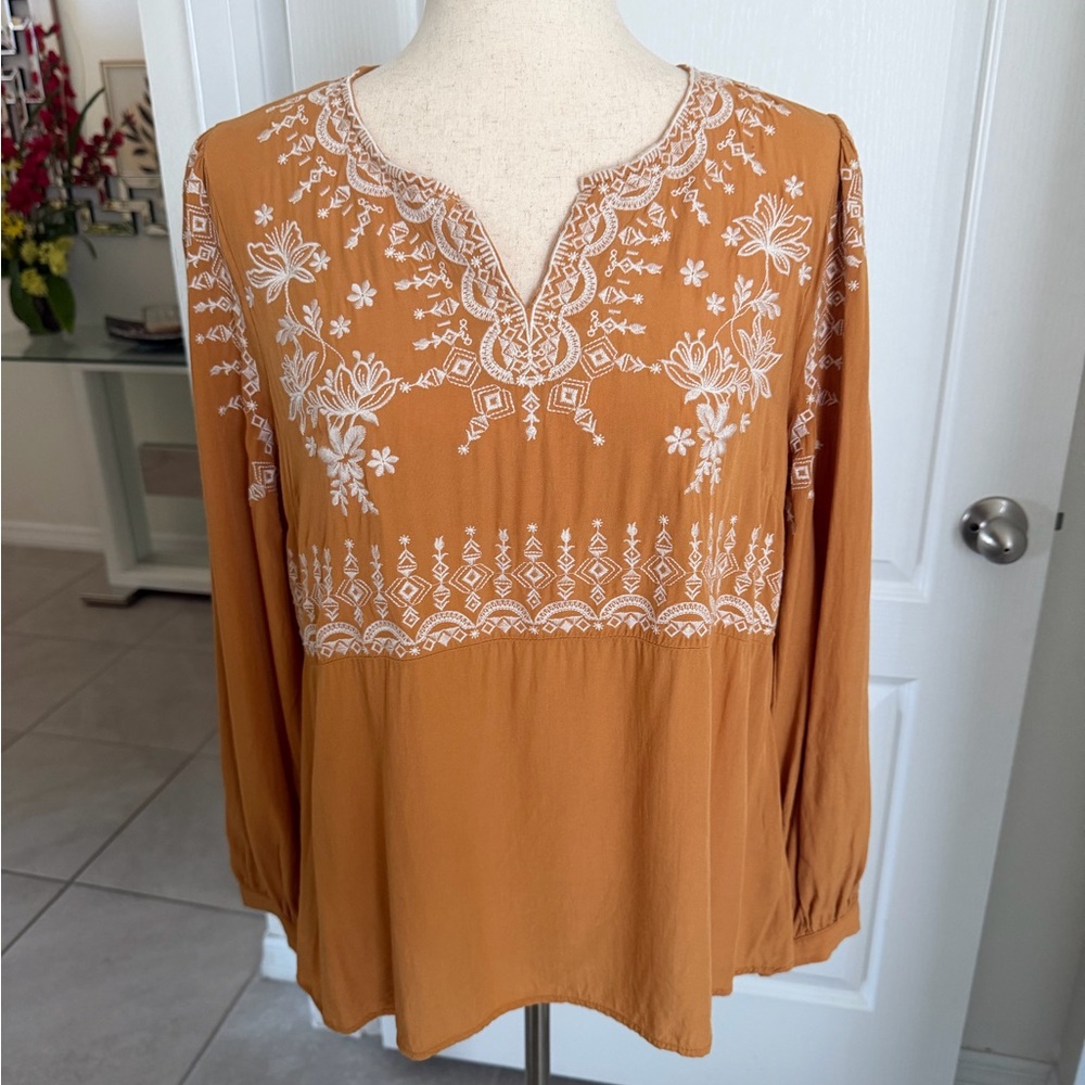 Savanna Jane Boho Peasant Blouse Size M Yellow Embroidered Floral Long Sleeve - Picture 14 of 15